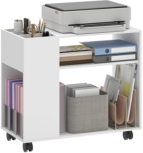 HOMCOM Table imprimante Roues Compartiment divisé 70x34x60 cm Blanc