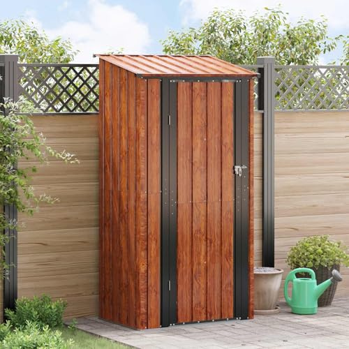Casetta da giardino in metallo, marrone, 103 x 74 x 200 cm, con serratura e tetto inclinato, per terrazze ed esterni, resistente alle intemperie, in acciaio