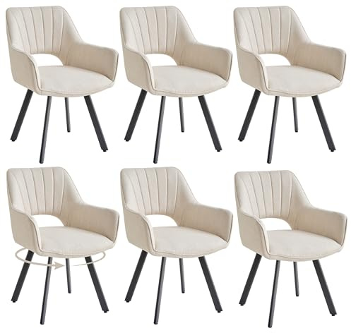 GrandCA HOME Set med 6 st 360° svängbar matsalsstol med armstöd, linneklädd, modern köksstol med metallben, perfekt för kök, matsalar och sovrum-beige