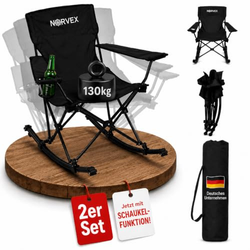 Silla mecedora plegable para camping, con soporte para bebidas y bolsa de transporte, cómoda, ligera, robusta, estable, plegable, para festivales, pescadores y terrazas (2 x negras)