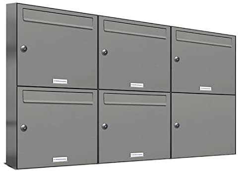 AL Briefkastensysteme 5er Briefkastenanlage Aluminiumgrau RAL 9007, Premium Briefkasten DIN A4, 5 Fach Postkasten modern Aufputz