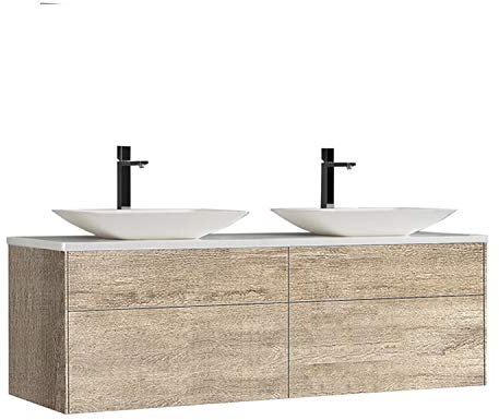 StoneArt Badmöbel Set Mineralguss Waschbecken Waschschale Aufsatzwaschbecken und Unterschrank Waschtisch Einzel- oder Doppelwaschbecken Venice VE-1600pro-1 Eiche hell 160cm