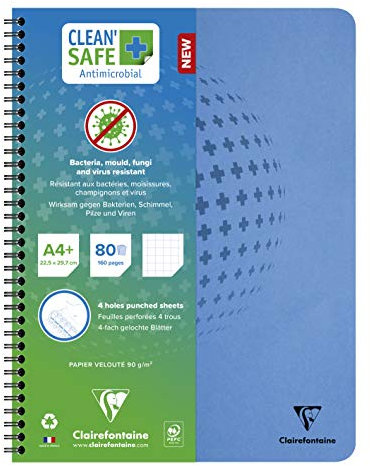 Clairefontaine 82252C Notizbuch, Spiralbindung, perforiert, Clean Safe, A4+, 22,5 x 29,7 cm, 160 Seiten, abnehmbar, kleine Karos, weißes Papier, 90 g, antimikrobieller Umschlag