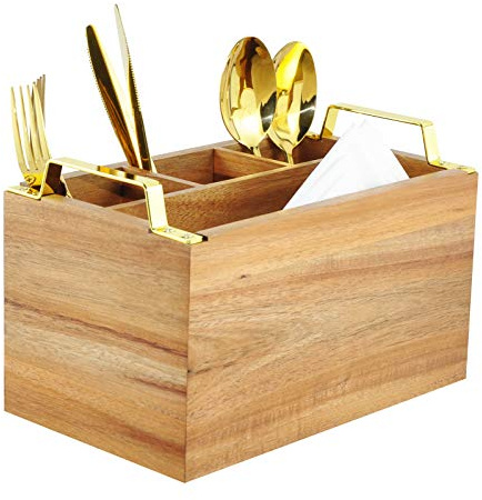 Spiretro Besteckkorb, Besteck-Utensilienhalter, Besteck-Organizer, Besteck-Organizer für Küche, Esszimmer, Unterhaltung, Picknick, 4 Fächer, massives Akazienholz mit goldenem Metallgriff, Braun