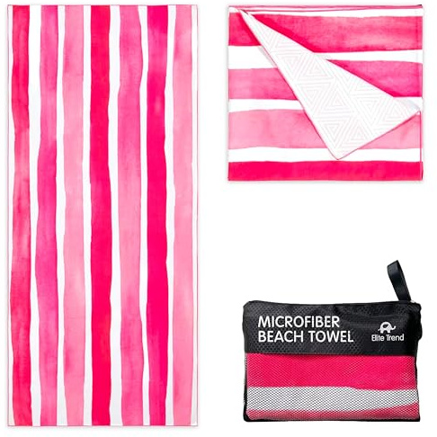 Elite Trend XL Beach Towel for Travel – Extra Large 78x35 Inch w/Bag – Lightweight Microfiber, Compact, Soft, Quick Dry, Sand Free – for Swimming, Pool, Camping, Yoga, Workout – Pink Stripes