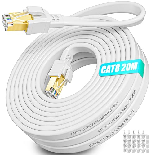 Soibke LAN Kabel 20 Meter, Cat 8 Ethernet Netzwerkkabel 20m Flach Weiß | Hochgeschwindigkeits Internetkabel Geschirmt Outdoor Indoor, RJ45 Gigabit 40Gbps 2000MHz Wlan Patchkabel für Switch Modem