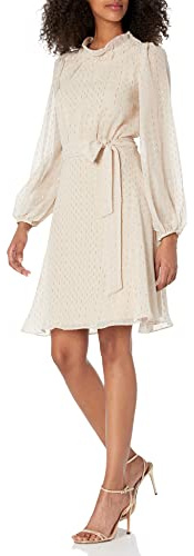 DKNY Balloonärm ruffled klänning med bälte klänning, Chmp/Gld/Slv, 36