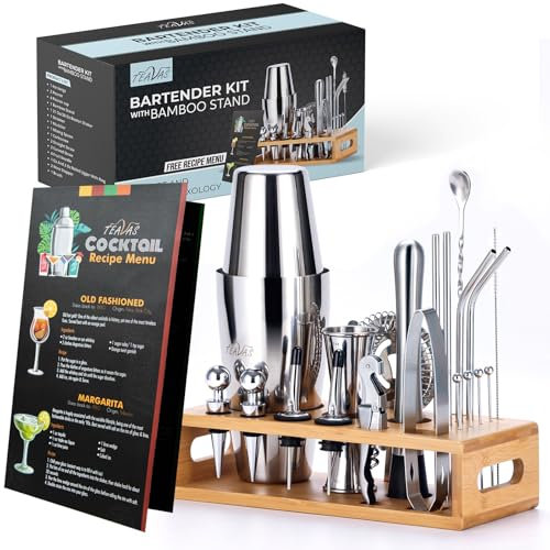 TEAVAS Mixology Bartender Kit with Bamboo Stand and Japanese Jigger | 25-Piece Bar Essentials Set Sturdy Stainless Steel Bar Tools | Boston Cocktail Shaker Set | Recipe Menu | Barware Present Gift…