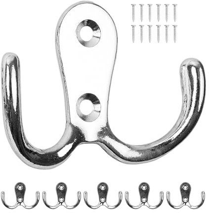 Haken zum Schrauben, 6 Stück, in Silber, Außen 54 x 40 x 15 mm, Doppelhaken inkl. Holzschrauben, Garderobenhaken für Tür, Bad, Küche, Flur, DIY Metallhaken, Mantelhaken, Huthaken, Wand Schraubhaken