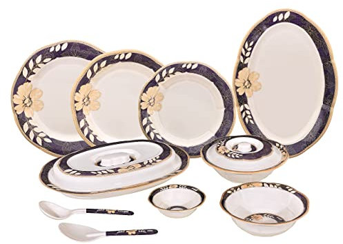 Juego de vajilla de melamina de 36 piezas, diseño contemporáneo de flores, inastillable, ligero, platos y cuencos artesanales de doble cuenta, cena de esmaltes reactivos sólidos (morado y naranja)