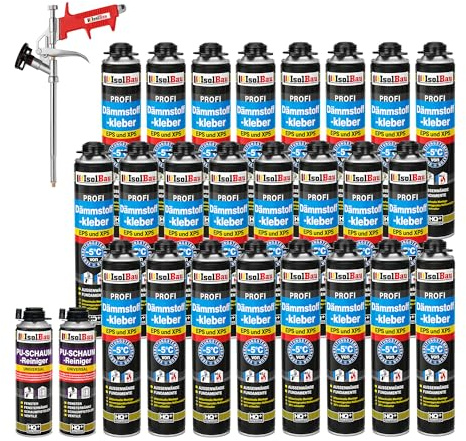 Isolbau B2 Dämmstoffkleber SET - 24 x 750 ml Perimeterkleber, 2 x PU-Schaum-Reiniger & 1x Schaumpistole für EPS & XPS-Platten - 1K PU-Klebeschaum für Fixieren und Dämmung