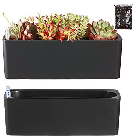 Planterhoma Confezione da 2 fioriere rettangolari autoirriganti per davanzali delle finestre, 39,6 x 13,7 cm, vasi per piante in plastica con fori di drenaggio, vaso da fiori nero (nero)