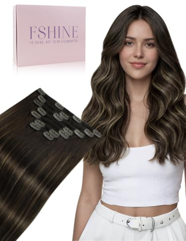Fshine Lisci Umani Extension Con Clip 35.5cm 120g 7pcs Extension Capelli Veri Clip Balayage Marrone Scuro Ombre Marrone Chiaro E Marrone Scuro Remy Umani Naturali Capelli Extension Clip #2/8/2