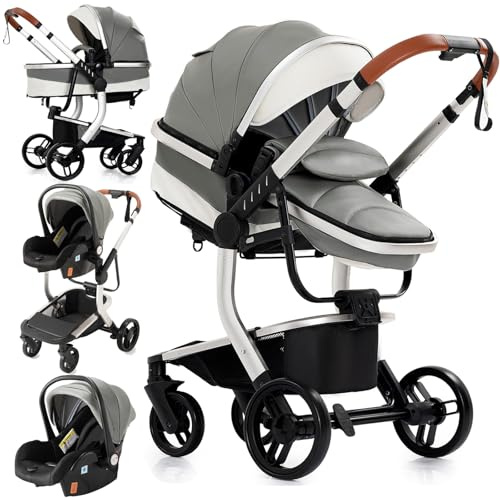 MoLi PU-Leder Kinderwagen 3 in 1, Kinderwagen Set Umkehrbarem Doppelschiebemodus, Kombikinderwagen 3 in 1 Großer Bequemer Babywanne, Buggy Rahmen Aluminiumlegierung Faltbar Hohe Landschaft (Grey 518)