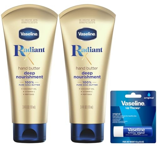 Vaseline Lotion, Radiant X Deep Nourishment Hand Butter 2-Pack for Dry Skin + Original Vaseline Lip Therapy Stick for Dry Lips with Petroleum Jelly (3 Piece Set)