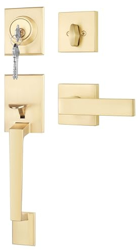 Goldenwarm Front Door Handle and Deadbolt Set, Gold Front Door Lock Set with Reversible Handle Lever, Modern Front Door Hardware, Front Door Handles and Locks