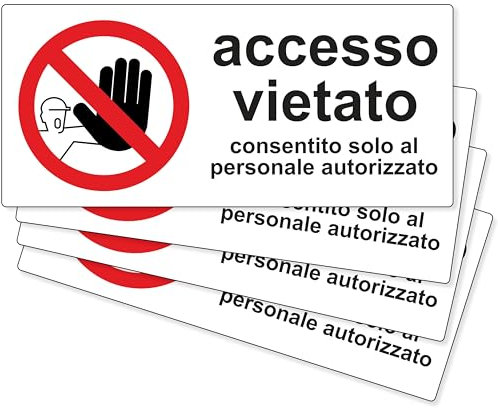 pubblimania 4 Adesivi Accesso Vietato in PVC impermeabili e Resistenti per Esterno e Interno Cm 29x13 (4 Accesso Vietato)
