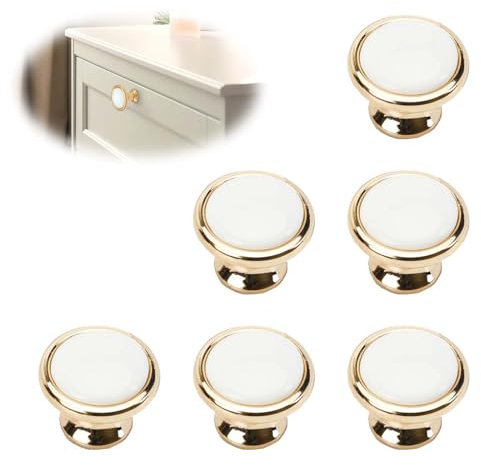 SVOCK Poignee de Meuble, Poignee Meuble Dorée Bouton de Porte Blanc, Bouton Porte Placard avec Vis de Montage, Poignee de Porte Ronde Convient Convient Aux Tiroirs Armoires Armoires