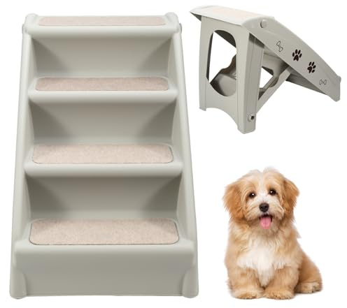 Ansobea 4-Stufige Haustiertreppe Faltbare mit Teppichboden, Hunderampe Katzentreppe Max. Belastung 75 kg, Bett Balkon Sofa Tragebare(Grau)