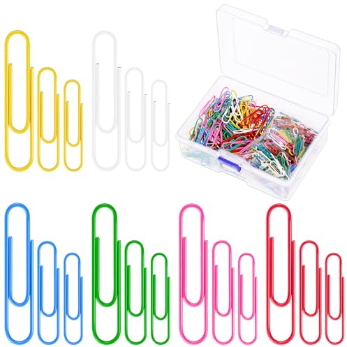 Glarks Lot de 450 trombones colorés de 2,5 cm, 3,3 cm, 5,1 cm, couleurs mélangées, grands trombones avec une boîte de rangement pour papiers, bureau, école et usage personnel