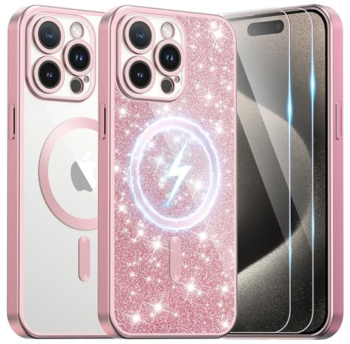 Ethanger for iPhone 15 Pro Case with 2 Screen Protector Compatible with MagSafe, Magnetic Cover Shockproof Frosted Bumper with Glitter Card and Wrist Strap for Women Girls, Titanium Pink
