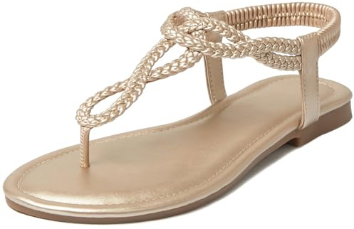 iCKER Women's Braided T-strap Thong Flat Sandals Elastic Brand Roman Gladiator Flip Flop Shoes-Woven Gold-8