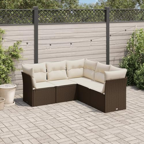 Faroom Balkon Ecklounge mit Stauraum Gartenlounge Klein Balkon Lounge Rattan Sofa Balkonsofa Kleiner Balkon Sitzecke Balkon Loungemöbel Gartensofa Ecksofa Balkonmöbel Braun und Creme 5-tlg-Type-506