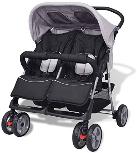 Willood Geschwisterwagen Tandem Kinderwagen Zwillingskinderwagen Stahl Grau und Schwarz