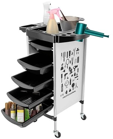 Salon Store Hair Trolley Service Trolley Multifunktionale Work Trolley Portability Salon Spa Rolling Service Tray Tattoo Metall Friseur Trolley Profi Friseurwagen mit 5 Schubladen und 4 Rädern, Weiß
