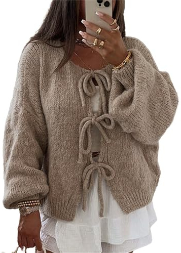 Acrawnni Women's Y2K Tie Front Bow Cardigan Sweaters Solid Color V-Neck Chunky Knit Long Puff Sleeve Loose Knitwear Cardigan (A-Khaki, M)