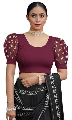 Jaanvi mode dam rund hals lycra töjbar puffad armbågsärm färdig sari blus, vin, XXL