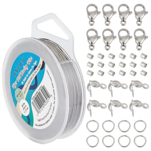 BENECREAT Alambre para Enhebrar de Acero Inoxidable de 90 m Y 0.44mm,200 pieza de Cuentas de Engarce, 100 Uds Puntas de Cuentas, 20 cierre de Pinza de Langosta Y 200 anillos de Salto para Hacer Joyas.