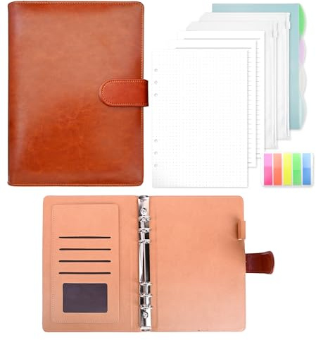 Ringbuch A5 Nachfüllbar, Leder Notizbuch Binder Mit 135 Blätter A5 Nachfüllpapier Und Bindertaschen Für Schulnotizen Reisetagebücher und Organizer(Braun)