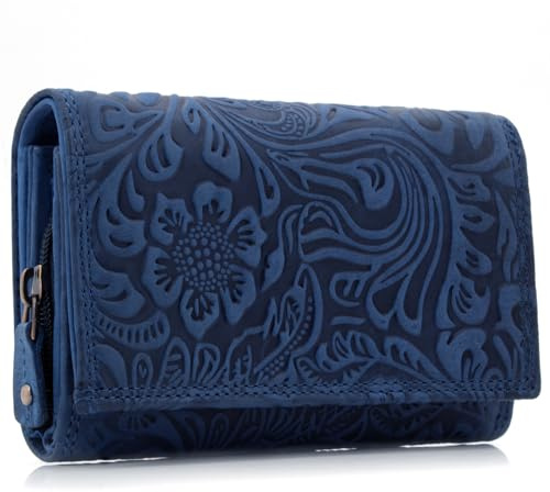 ekavale Damen Leder-Geldbörse mit Blumenmotiv und RFID-Blockierung, Portemonnaie Langformat mit Druckknopfverschluss (Navy)