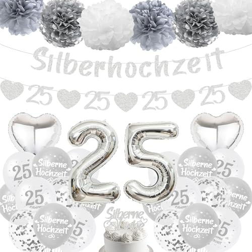 Silberhochezit Deko Luftballons Girlande, 25 Hochzeitstag Dekoration Ballon | 25. Jubiläum Partydeko, Riesen Zahlenballon Papier Pompons