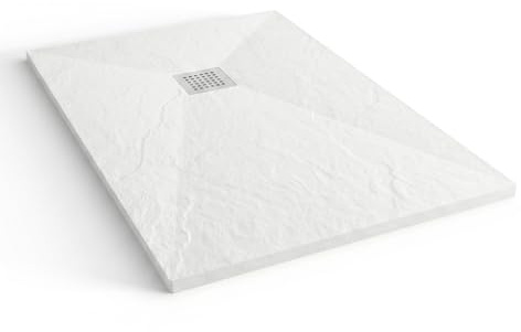 Plato de Ducha Resina Rectangular Antideslizante Pizarra 110x70 Blanco | Valvula de 52 l/min Incluida que Evacua Sin Charcos, Superficie Antibacteriana, Aligerado a 28 kg/m2, 3 Años de Garantia