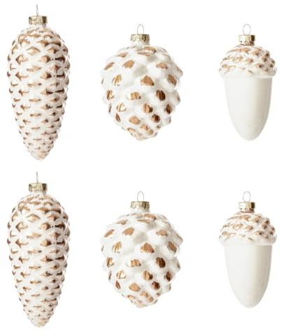 DN DECONATION Christbaumkugeln Weiß-Gold Glas Tannenzapfen Eichel Anhänger | Set 6-tlg, Weihnachtsbaumschmuck Naturstil für Tannenbaum Deko & Waldthema
