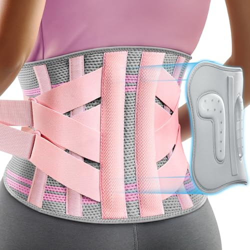 Rakiie Back Support Belt for Women, 9X Support Back Brace for Lower Back Pain, Ergonomic Back Support Brace with 3D Silicone Pad for Sciatica Scoliosis, Pink Size L (Waist: 91-111CM)