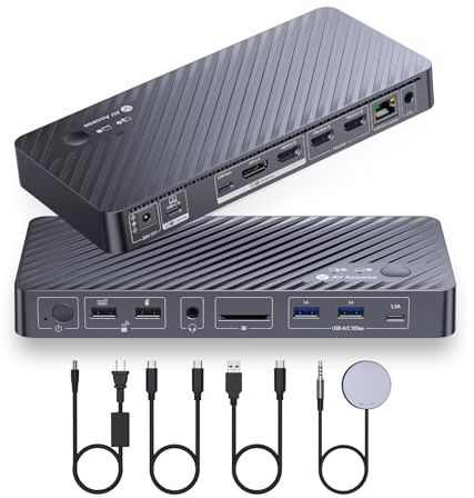 AV Access Docking Station Dual Monitor for Laptop & Desktop, KVM Switch 2 Monitors 2 Computers with Ethernet, EDID, 4K@60Hz Dual Display, 4xUSB-A, 1xUSB-C, Power Supply for Laptop, Audio, SD