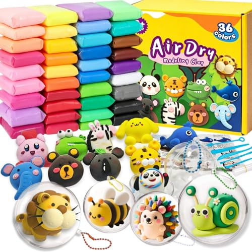 Air Dry Clay Kit,36 Colors Plasticine with 5 Pcs Tools,6 Fillable Balls,Ball Chains,6 Sealable Bags and Tutorials,Plasticine Modelling Clay,DIY Present for Boys & Girls