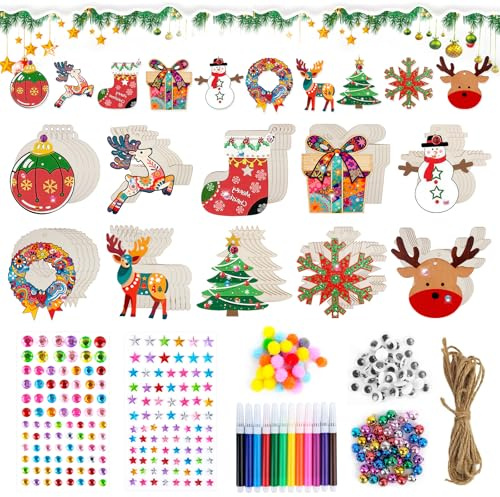 Muyohix 60 Pezzi Adornos Arbol Navidad Madera, Adornos Navidad Madera para Pintar, DIY Adornos Arbol Navideños con Cordón, Accesorios Completos manualidades para Cajas de Regalo Decorativas