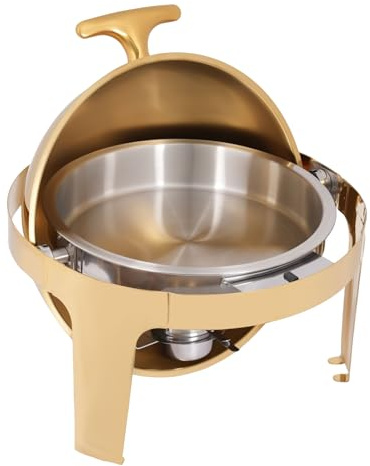 Round Chafing Dish for Buffet, 9L Stainless Steel Buffet Warmer with Roll Top Lid, Gold Chafing Dish and Food Warmer for Catering, Parties, Weddings, Banquets