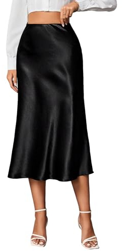 Verdusa Women's Elegant Satin Skirt High Waisted Business Casual Skirts Black Tall-S