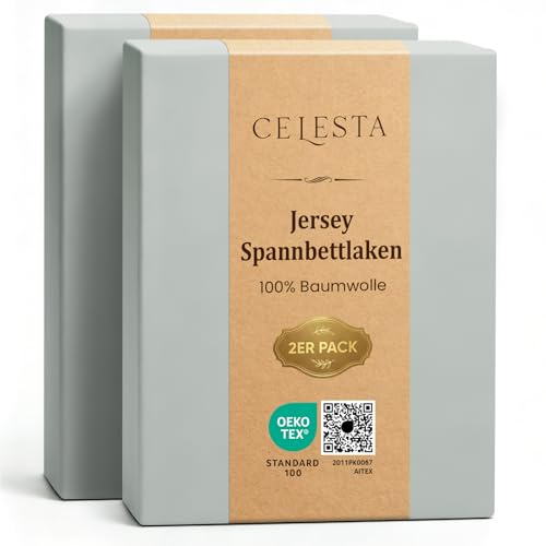 CELESTA Spannbettlaken 90x200 100% Baumwolle 2er Set, Oeko-TEX zert. | Bettlaken 100 % Baumwoll-Jersey, Spannbetttuch 90x200, 2 Stück, Matratzenhöhe bis 25 cm für Boxspringbett, Hellgrau
