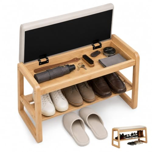 BaoBaJiu Massivholz Schuhbank mit PU-Leder Sitzkissen (Graues pad, 80cm) | Schmaler 2-Ebenen Flur Schuhschrank, Versteckter Stauraum für einen ordentlichen Eingangsbereich