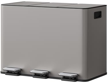 Garvee Mülltrennsystem 3x15L Edelstahl Mülleimer, Treteimer mit 3 Fächern 45L Gesamt, Beige Abfalleimer für Küche & Büro, Soft-Close Deckel, Recyclingsystem mit Inneneimern