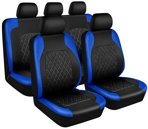 9 Stück Autositzbezüge Set,Auto Sitzbezüge Komplettset mit Kopfstützenbezug | PU Leder Sitzbezüge Schonbezüge Vordersitze & Rückbank,,Universell Autoinnenraumzubehör für die Autos,LKWs,SUV (Blau)