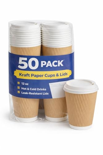E Greenwize Ripple Wall Paper Cup with Reclosable Lid, Kraft Brown, White PP Lid, Disposable Coffee Cup (Pack of 50, 12, Ounces)