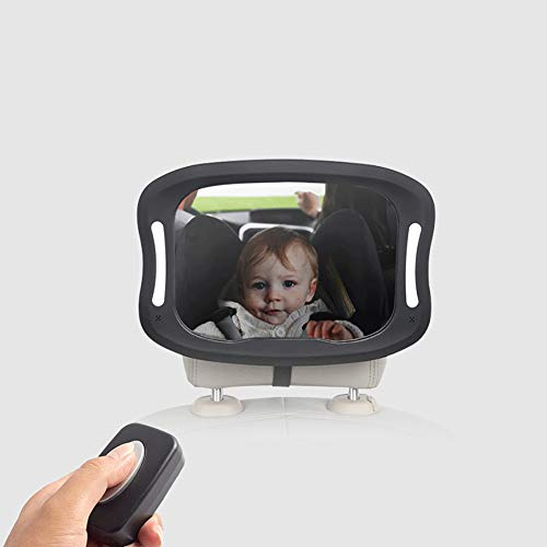 Espejo Retrovisor de Bebé con LUZ LED Espejo Bebé Coche con Mando Distancia 360° Ajustable Irrompible Inastillable Interior Espejo para Vigilar al Bebé en el Asiento trasero de Coche