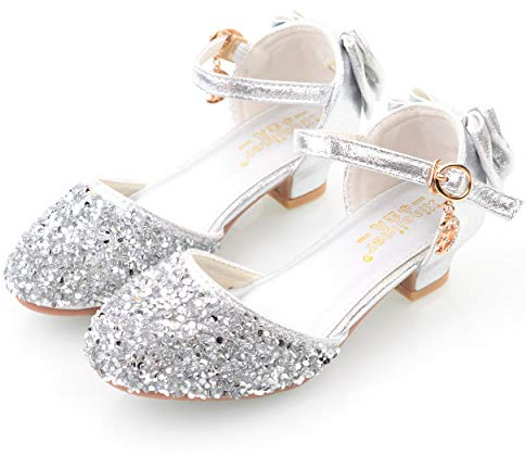 YOSICIL Fille Princesse Chaussures Elsa Talon Haut Fermé Robe Sandales Anti-dérapant Crochet et Boucle Robe Chaussures Noël Cadeau D’Anniversaire Carnaval Fête De Mariage,Argent,38